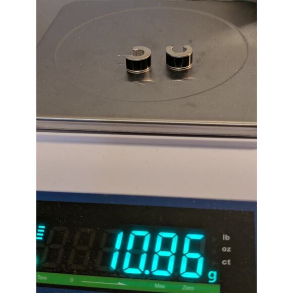 Vintage Chunky 925 Sterling Silver Onyx Inlay Half Hoop Post Earrings - Picture 5 of 7